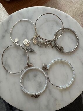 Alex and Ani Silver and White Bead Charm Bangle Set